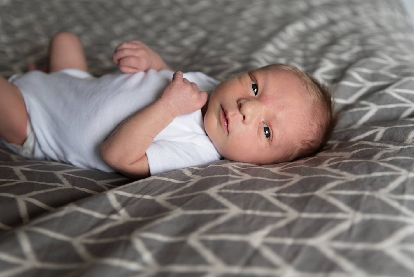 Newborn at home on grey chevron blanket