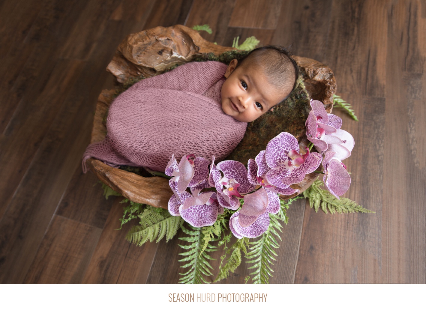 Newborn wrapped in dusty purple with purple orchids in a natural wood bowl
