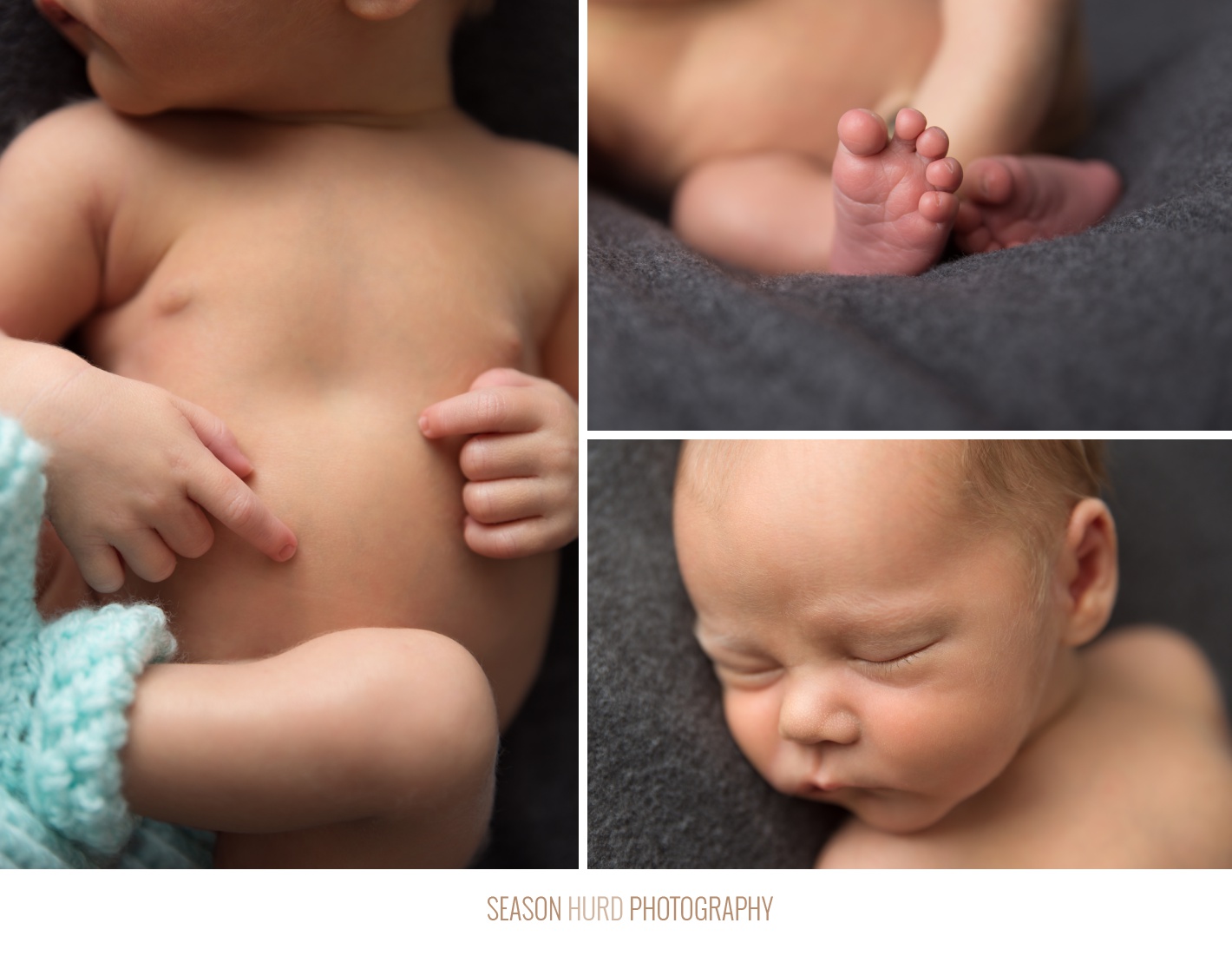 Newborn detail closeups with baby on grey backdround