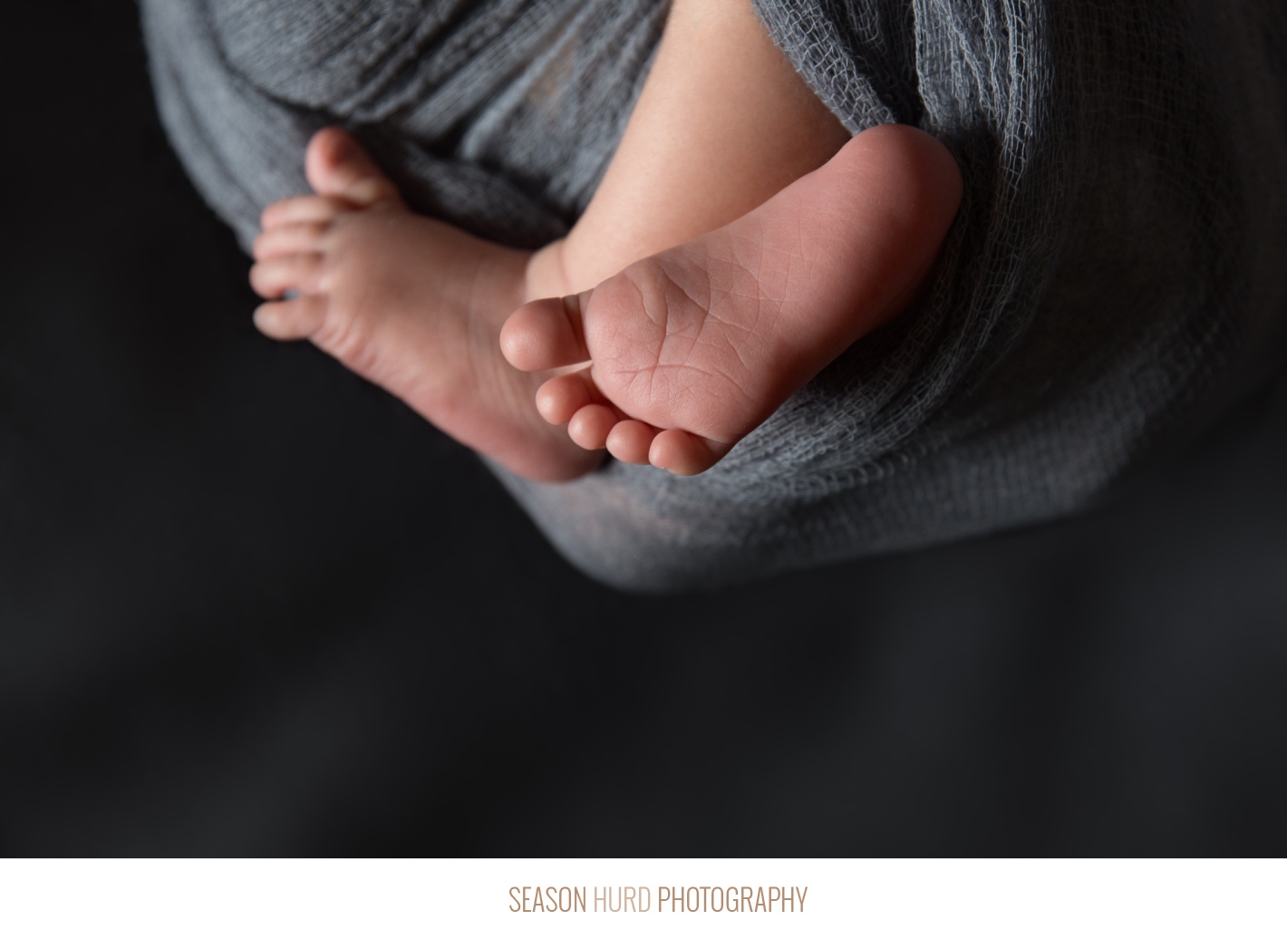 Detailed shot of newborn feet on dark backdrop